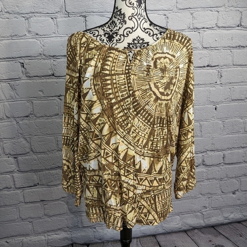 Chico's women's dolman sleeve geo print stretch knit top size 3 keyhole front b6